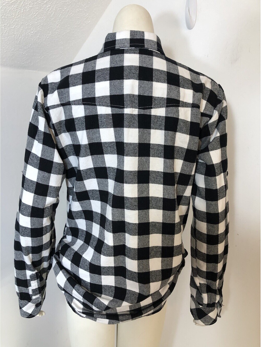 Matchstick Womens Medium Flannel Shirt Black White Buffalo Check Roll Tab Sleeve - Picture 4 of 9